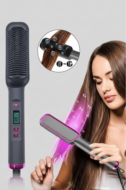 2-in-1 Electric Hair Straightener Brush – Anti-Scald Ionic Hot Comb
